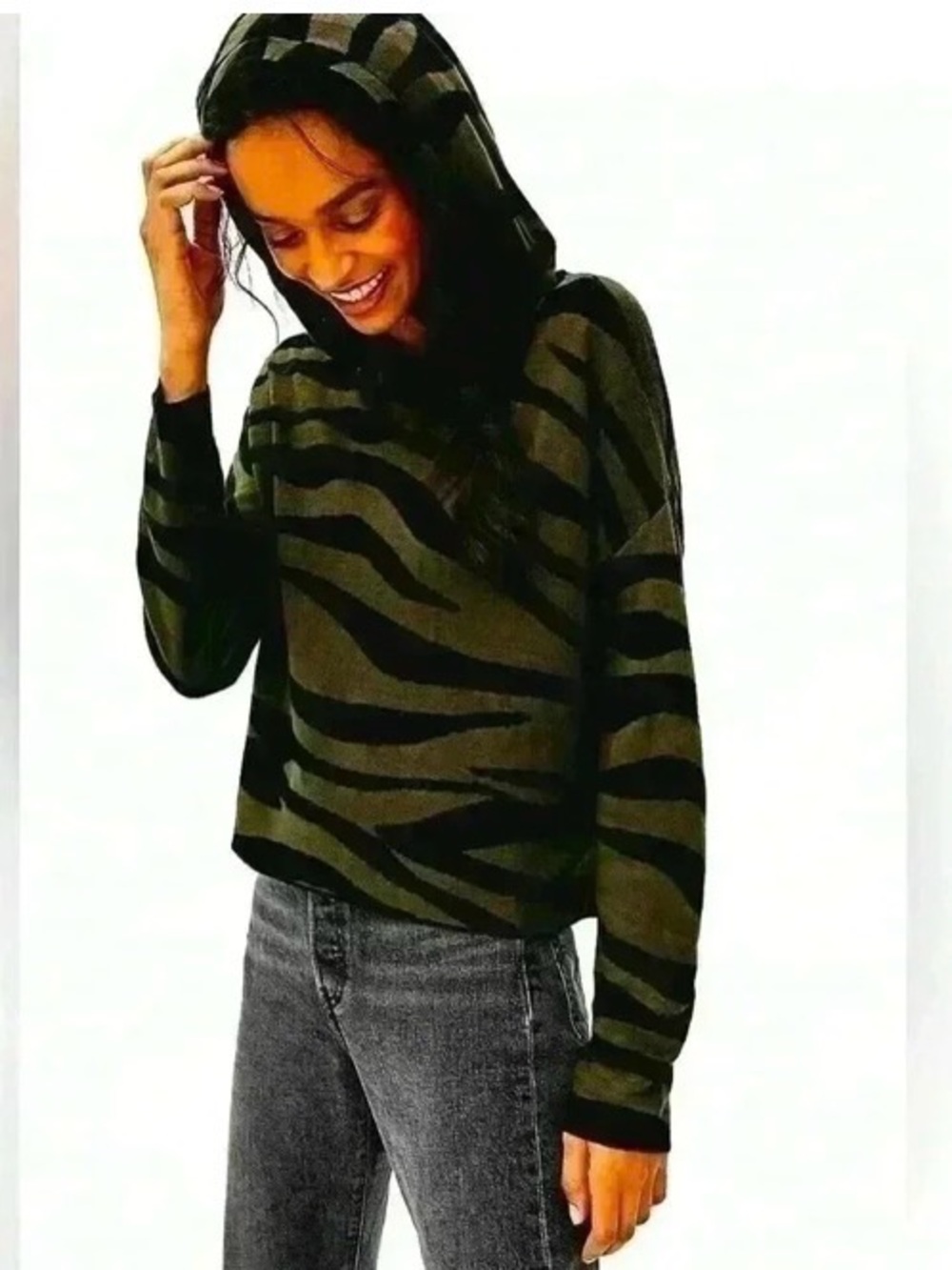 Anthropologie Women's
XS Kasia Knit Hoodie in Olive Green & Black Zebra Print